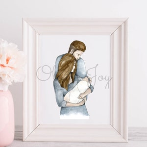 Framed watercolor illustration of a mother holding a newborn baby in soft blue