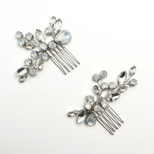Set of 2 silver crystal side hair combs with light blue opal-style flowers