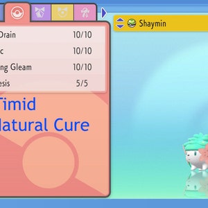 Shaymin game character in blue menu with stats panel