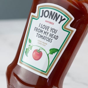 Personalized ketchup sauce label vinyl sticker with 'JONNY' and tomato graphic