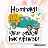 Your Order Has Arrived Sticker Download PNG, Teal Pickup Truck Sunflowers Small Business Shop Labels, Thank You Package Decals, Template SVG