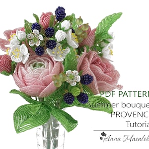 PDF beading pattern for summer bouquet with pink and white beaded flowers, blue berries
