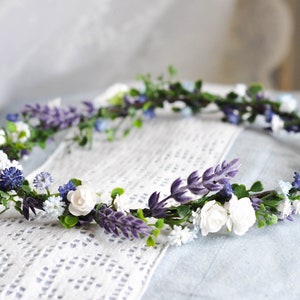Lavender and white flower crown headband with small blue-purple blooms