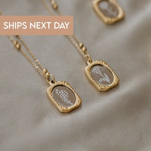 Gold filled square birth flower necklace with two small locket-style pendants