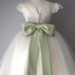 Sage and white lace flower girl dress with tulle skirt, satin bow at waist