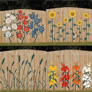 Garden flower stencil sheets: roses, sunflowers, and wild grass on fence boards