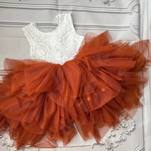 Burnt orange lace flower girl dress with layered tulle tutu skirt