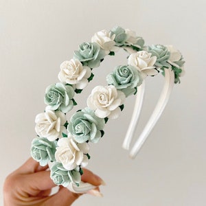 Ivory satin headband with sage and ivory fabric flower wreath and small blooms