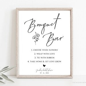 Framed bouquet bar sign template with “Bouquet Bar” script and floral line icons