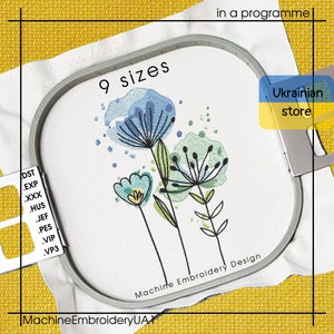 Watercolor floral machine embroidery design in round hoop, blue flower and green leaves