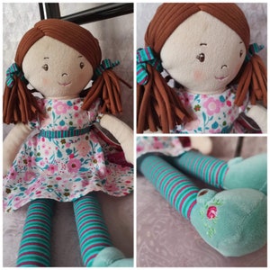 Bonikka personalized rag doll with brown yarn hair, floral dress, striped leggings