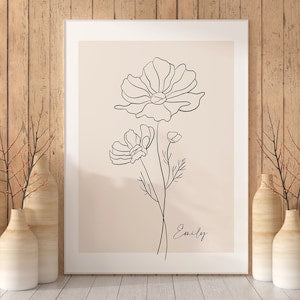 Minimalist line art flower print in a simple white frame, monochrome floral design