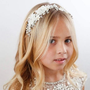 Girls flower headband with tulle flowers and pearl accents