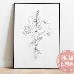 Framed line-art birth flower bouquet wall art with ribbon bow, personalized family design