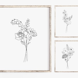 Floral bouquet tattoo line art sketch with multiple flowers and leaves