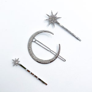 Silver rhinestone celestial hair clips: crescent moon and star pin barrettes