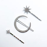 Silver bridal celestial hair clips | star and crescent moon barrettes, star and moon hair clips for bride, wedding star and moon hair slides