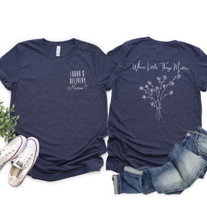 Navy labor and delivery T-shirt with 'Labor' text and small floral tree graphic