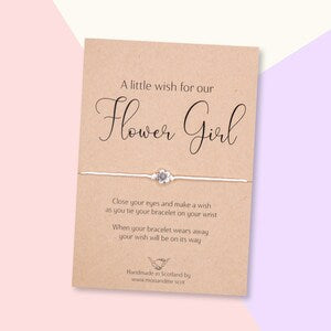 Flower girl wish bracelet gift card with “A little wish for our Flower Girl” and silver charm
