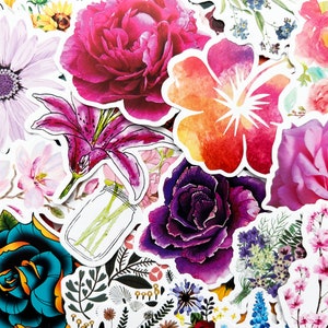 Watercolor flower vinyl sticker set with assorted blooms and leaf designs, colorful