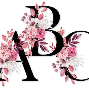 Black monogram letter B with mauve watercolor roses and leafy floral accents