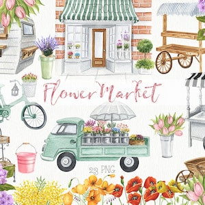 Watercolor flower market clipart set with truck, bouquets, buckets, and wooden boxes