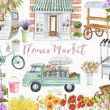 Watercolor Flower Market Clipart. Flower Shop, Flower Truck, Flower Wagon, Flower Cart, Wooden Boxes, Flower Buckets, Bouquet of Flowers PNG