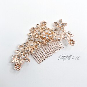 Rose gold floral hair comb with rhinestones and pearl accents, decorative jeweled pin