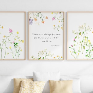 Floral quote wall art set of 3 with pastel flowers and handwritten text in white frames