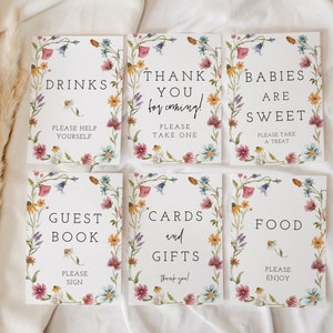 Floral baby shower sign bundle with six printable cards, pink flowers, thank you and drinks text