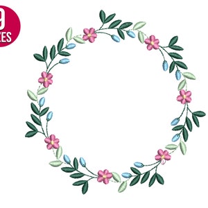 Floral wreath embroidery design with pink flowers and green leaf circle frame