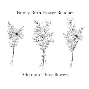 Birth flower bouquet tattoo design, black line art with up to three flowers