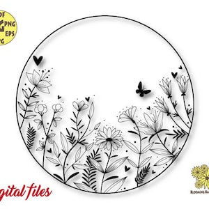 Oval wildflower line-art SVG frame with butterflies and scattered garden plants
