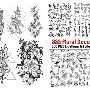 Floral decor design bundle with black line-art motifs for laser cutting and engraving