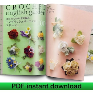 Crochet flower motif pattern book with open pages showing 3D crocheted flowers