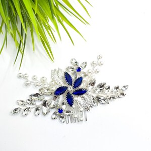 Silver and royal blue crystal floral wedding hair comb with decorative leaf details