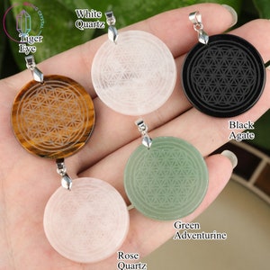 Round flower-of-life crystal pendant necklace set, silver bail and assorted cabochons