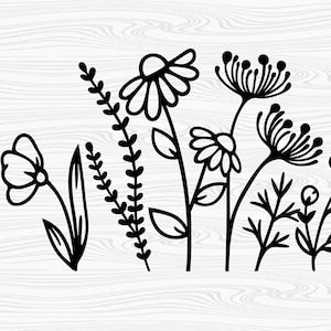 Wildflower SVG with black line-art flowers, stems, and leaves