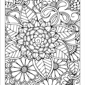 Flower mandala coloring page with intricate black-and-white line art design