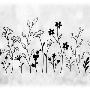 Wildflower silhouette clipart sheet with thin black outlines of 15 flowers