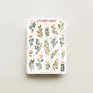 White flower sticker sheet with small botanical leaves and blooms