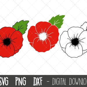Red and white poppy flower clipart set with green leaves