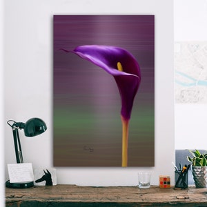 Purple calla lily metal wall art with glossy purple flower on brown gradient