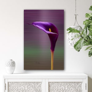 Purple calla lily floral canvas wall art, close-up flower wrapped on a canvas