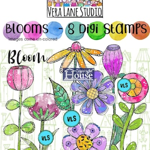 Whimsical flower and bud digital stamp set with colorful blossoms and leaves