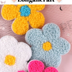 Chenille flower embroidery patches: yellow, blue, white, pink, textured stitched details