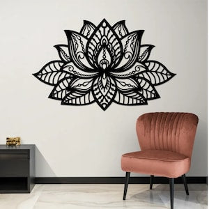 Wood lotus flower wall art with black mandala design