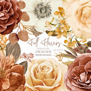 Watercolor floral collage with roses, brown and beige flowers and leaves