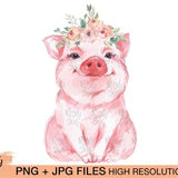 Flower Bandana Pig PNG, Pig Flower crown, Sublimation Designs Download, Pig Clipart, Printable File, Watercolor Pig, Farm clipart, Pig shirt