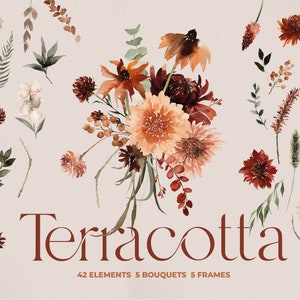 Terracotta watercolor flower set with autumn bouquets, leaves, and blossoms